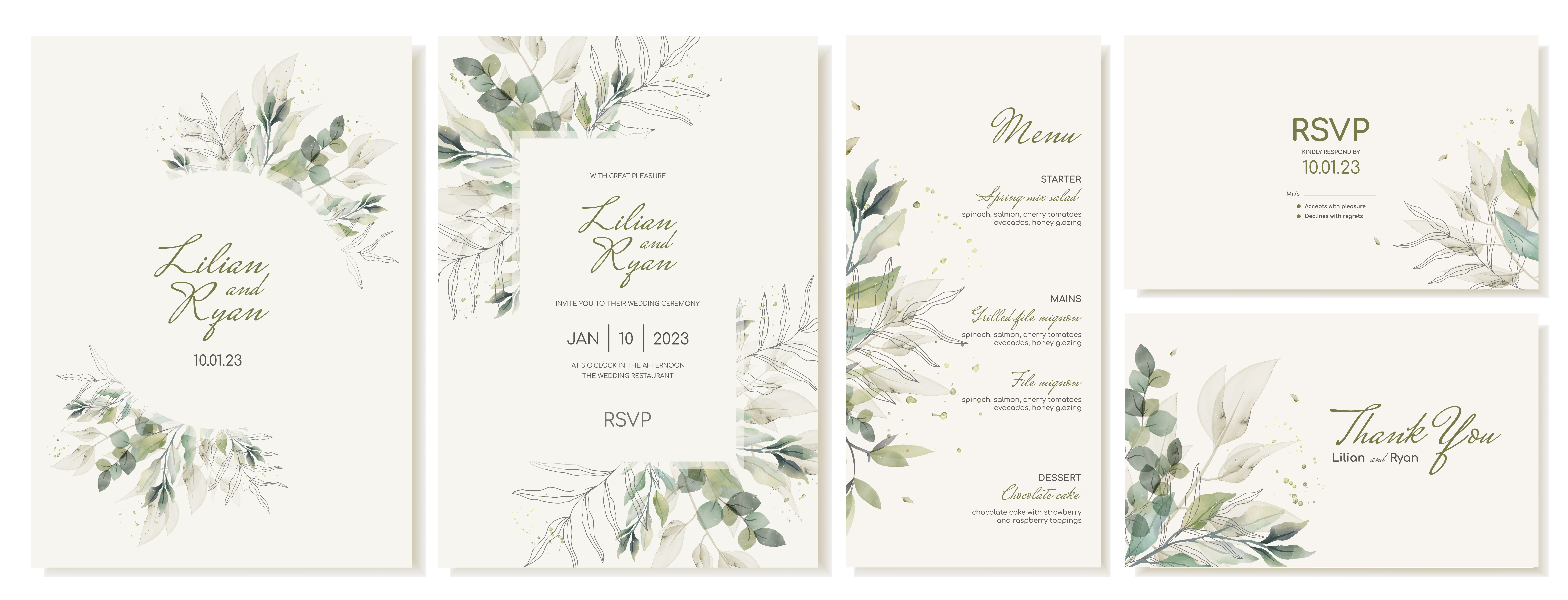 Set of rustic wedding cards with green leaves and branches. Wedding invitations and menu in watercolor style. Vector